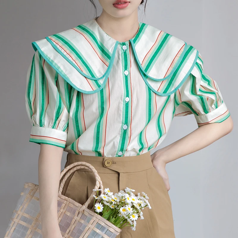 QOERLIN 2022 Summer Chiffon Blouse Short Sleeve Women Shirts Big Turn-Down Collar Loose Single-Breasted Green Striped Tops Shirt