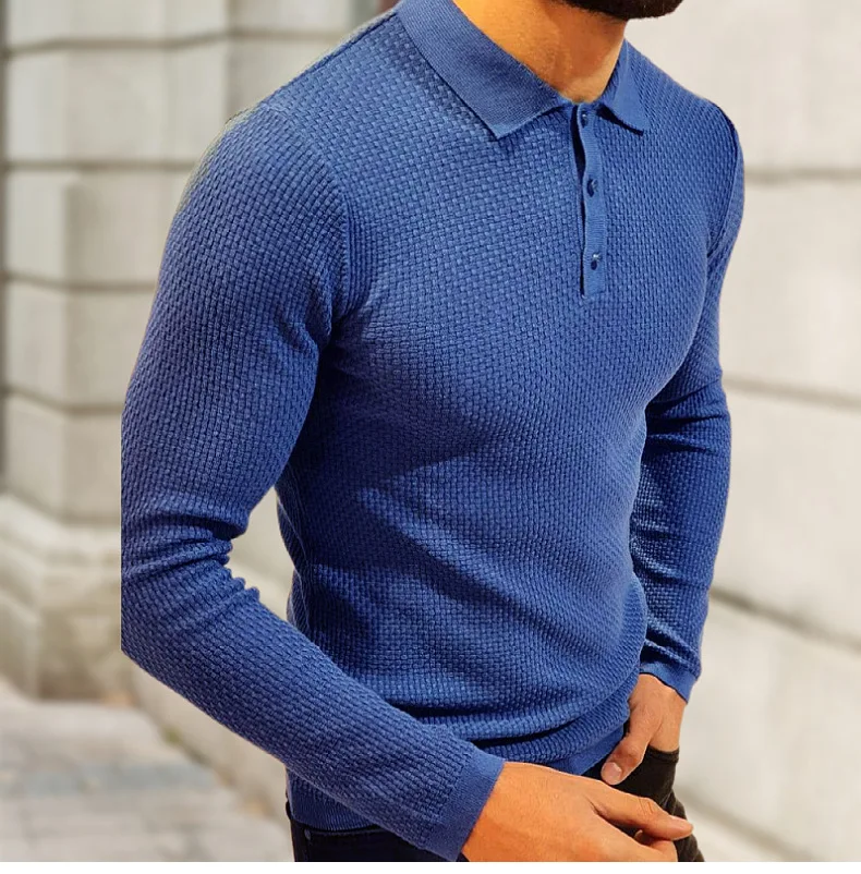 Blue Luxury Men Knitted Polo Shirts Retro Solid Color Long Sleeve Button-down T-shirt Streetwear Knitwear Men's Tops Clothes