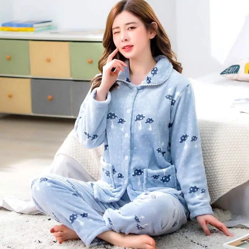 

Thickened Autumn Winter Pajamas Women's Coral Fleece Loungewear Flannel Suit Long-sleeved Warm Cartoon Cute Fleece Outer Wear