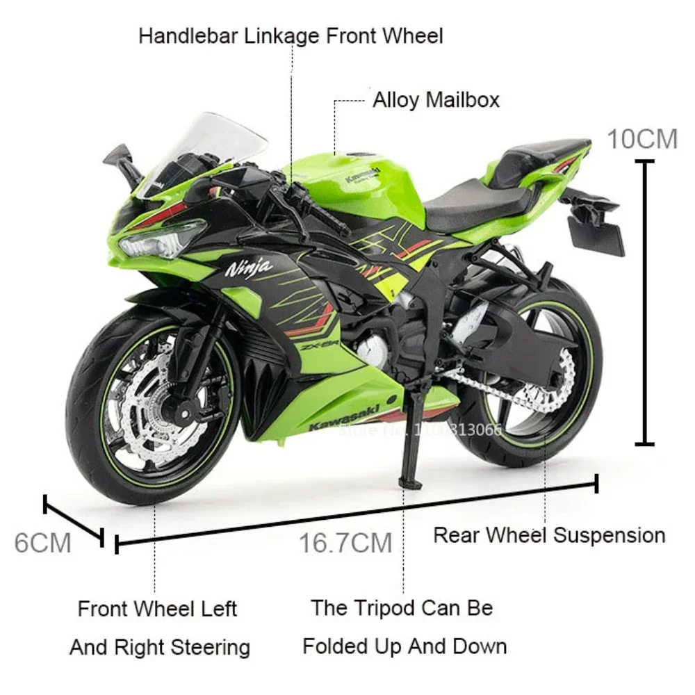 1:12 Kawasaki NIJIA ZX-6R Motorcycle Alloy Cars Model Toy Rubber Tires Wheel Steering Slide Forward Miniature Vehicle Child Gift