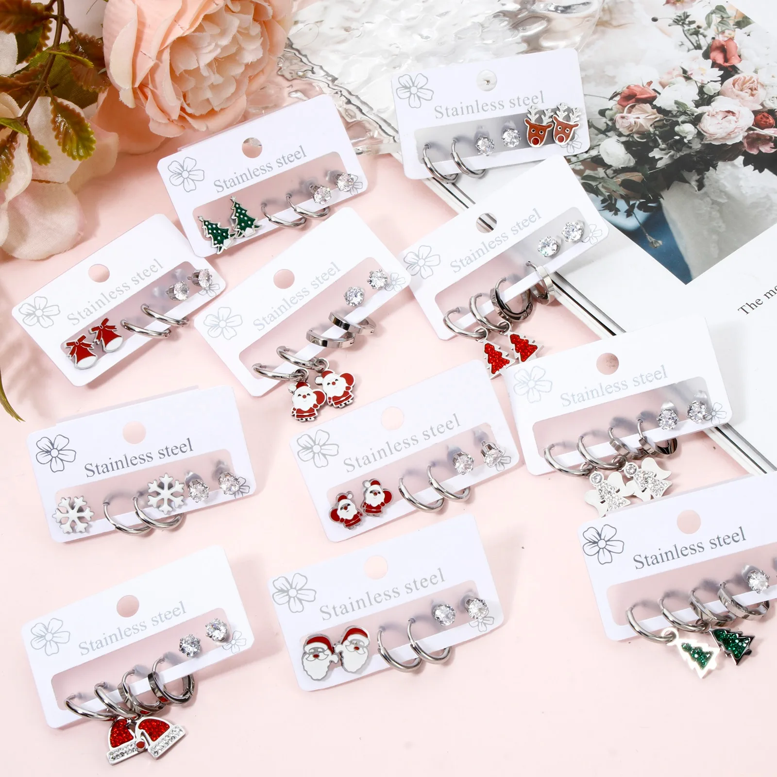 3 Pair/set 304 Stainless Steel Christmas Ear Post Stud Earrings Set Silver Color For Girl Women Ear New Year Jewelry Gifts