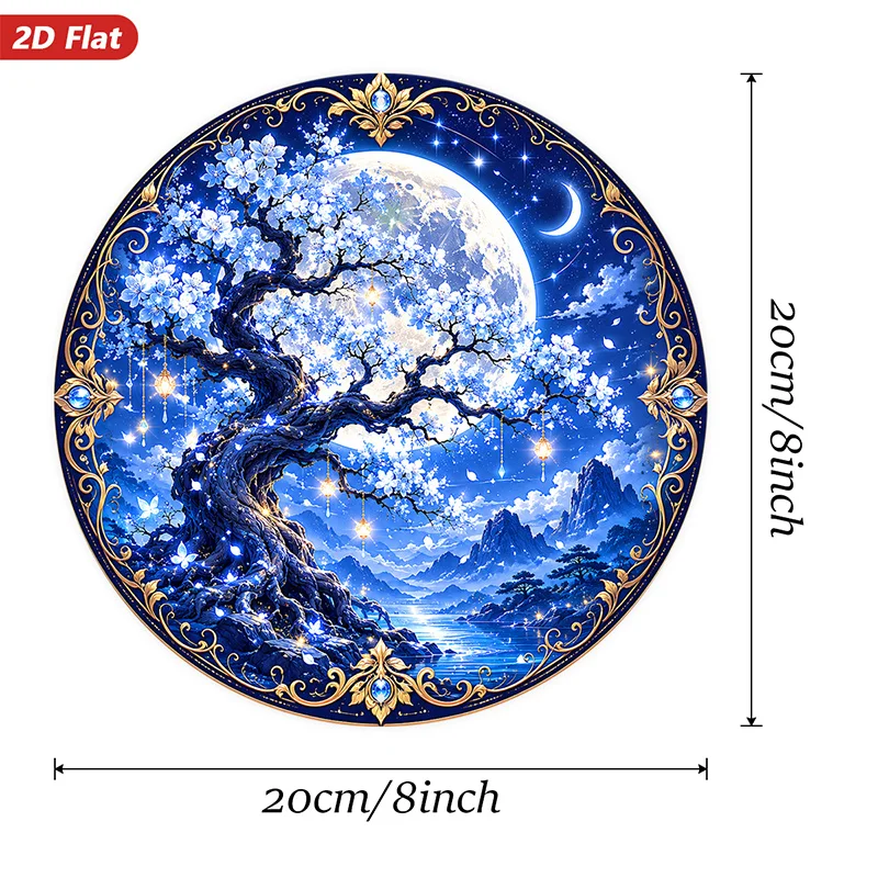 CIFBUY 2D Round Aluminum Wall Art Waterproof Durable Metal Sign Oak Tree Moonlight Night Scene Decor For Living Room Bedroom