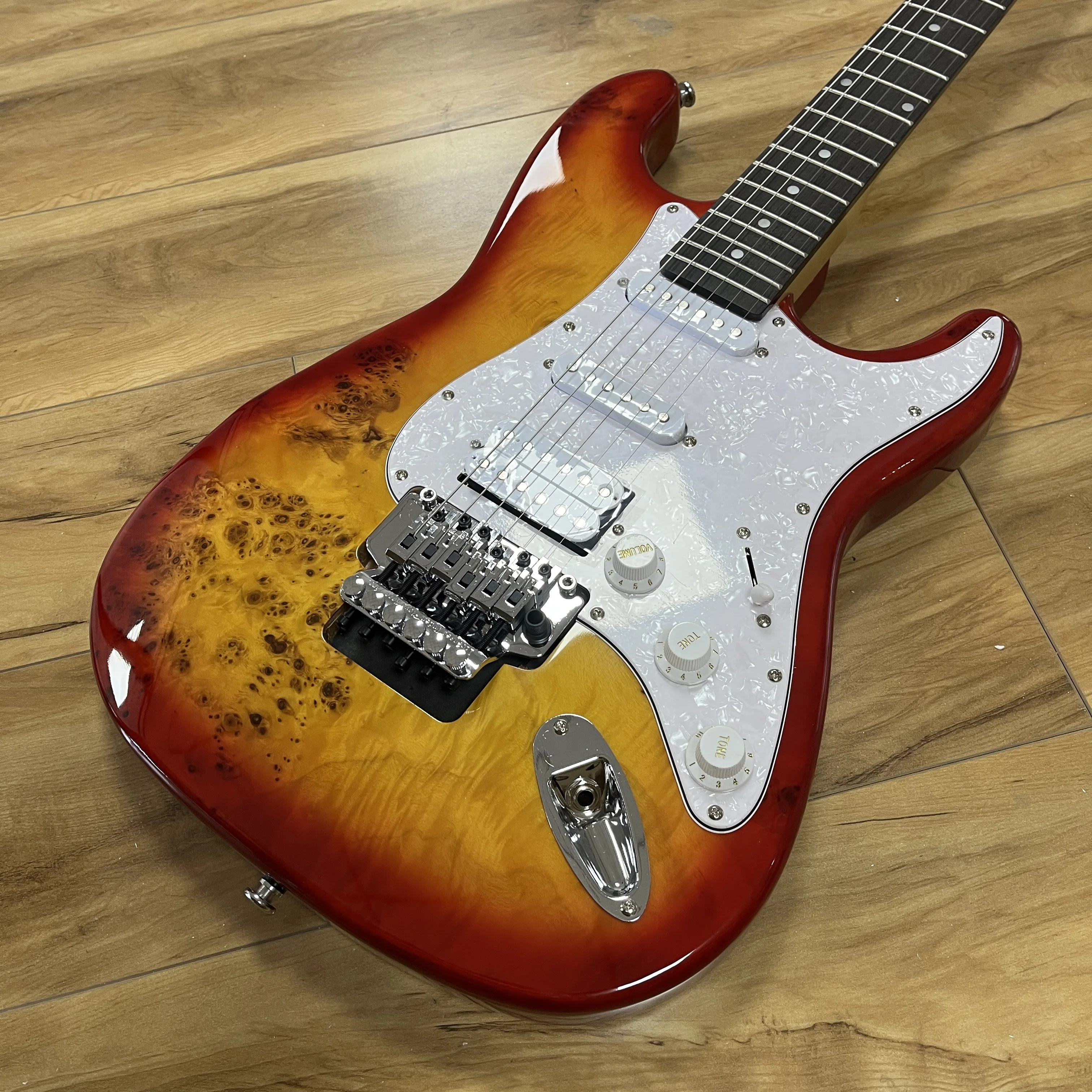 

Электрогитара - Sunset Red Burst Burl Finish, электрогитара в стиле ST, тематический подарок, бесплатная доставка
