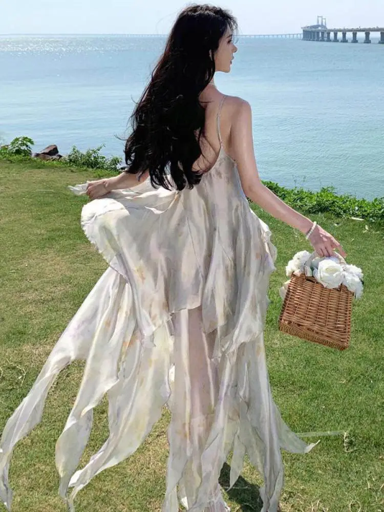 

Beige Print Sexy Club Irregular Long Dress For Women V-neck Sleeveless Backless Ruffles Dresses 2024 Summer Party Robes Bohemian