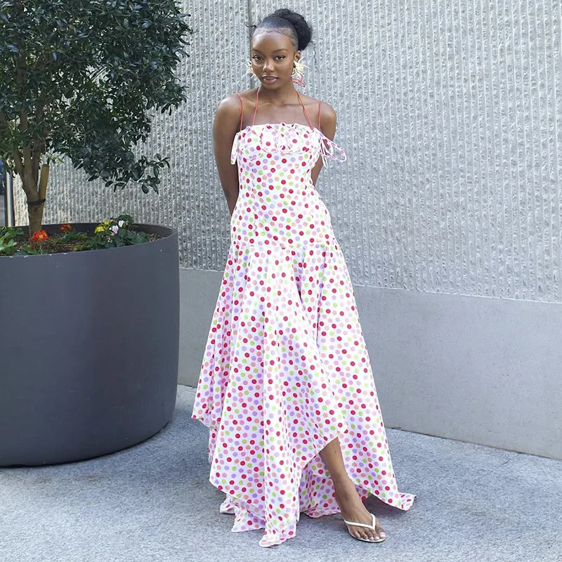 

2025 Summer New Fashionable Women's Dress with Strap, Wave Point, Slim Fit, Low Waist, Sleeveless Long Dress