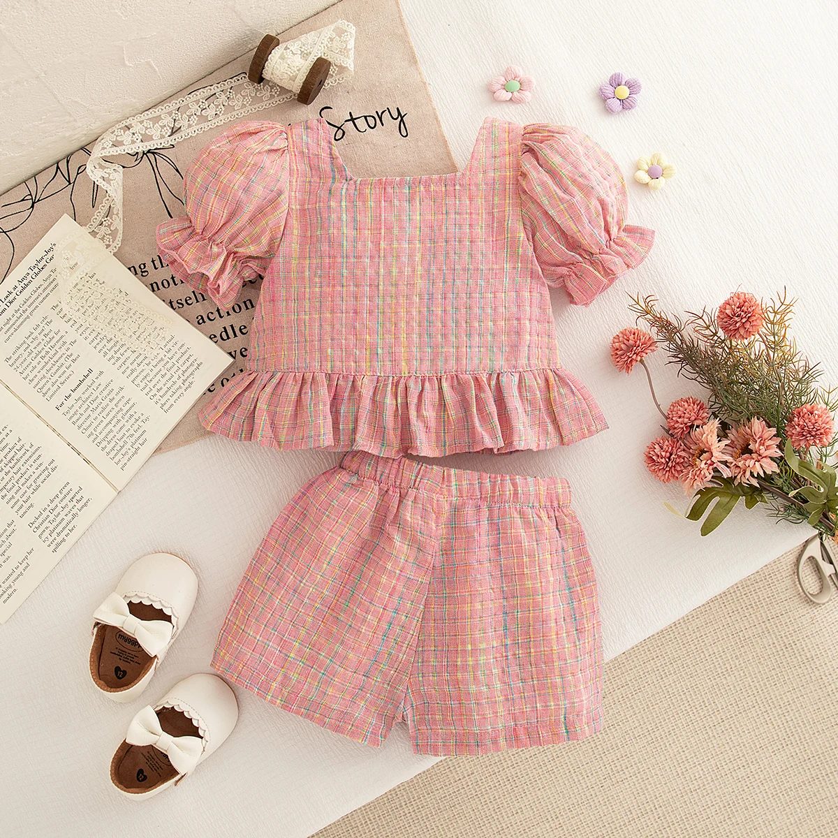 Girls Casual Clothes Outing Summer Baby Girl Colorful Plaid Cotton Set Short Sleeved Tops with Shorts 2 Pieces