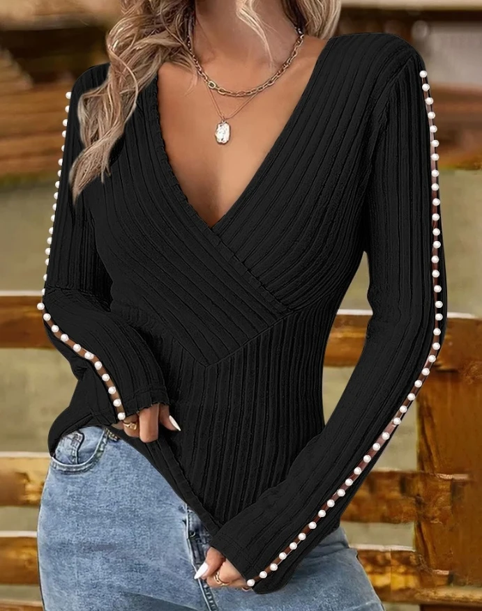 

Women's Sweater Tee Tops Elegant Solid Color V-Neck Criss Cross Wrap Pearls Decor Hollow-out Long Sleeve Skinny Ribbed Top