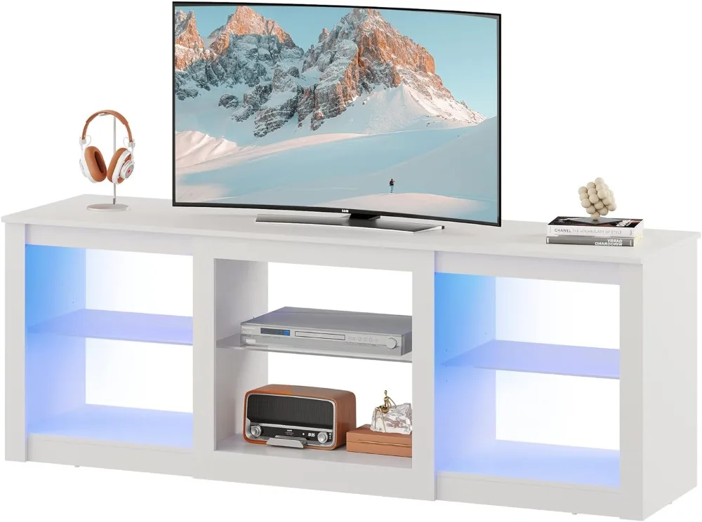 TV Stand with LED Lights for TVs up to 65 inch, Entertainment Center with Glass Shelves, Modern TV Console for Living Room