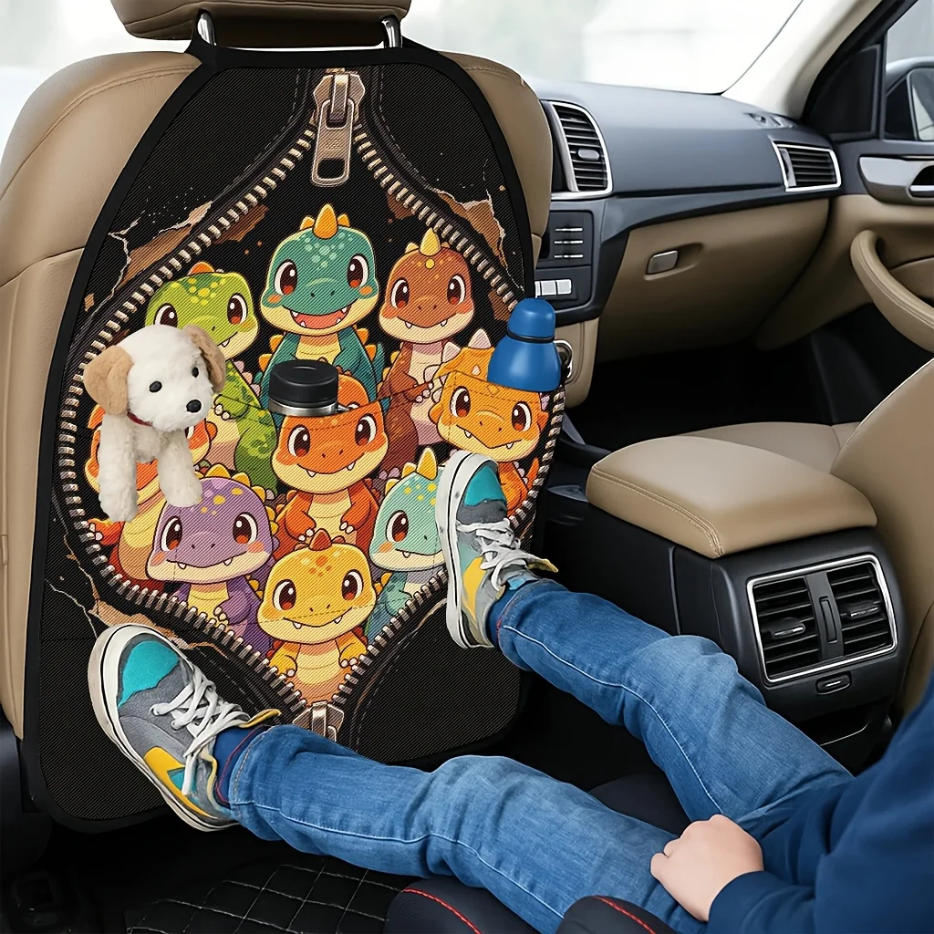 2pcs 2D Printed Car Seat Back Protector Pads Cute Little Dinosaur Breaking Out Of Bag Cute Gathering Theme Pattern Printed Car S