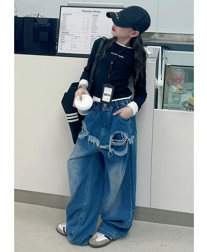 Girls Pants 2024 Autumn New Childrens Wear Korean Style Girl Baby Foreign Style Wild Edge Wide Leg Jeans Casual Simple Tide image 6