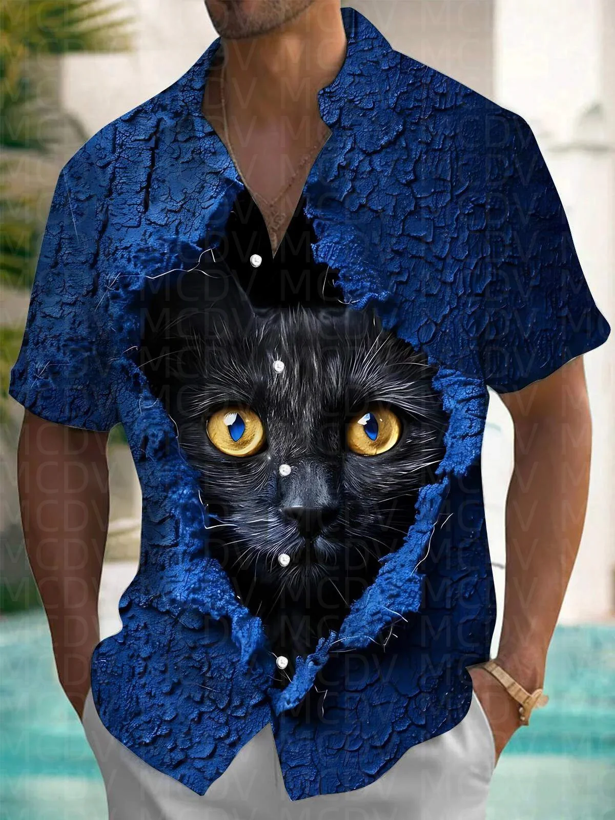 Cat Pattern Men's Hawaiian Shirt Stretch Easy Care Camp Shirt Big Tall