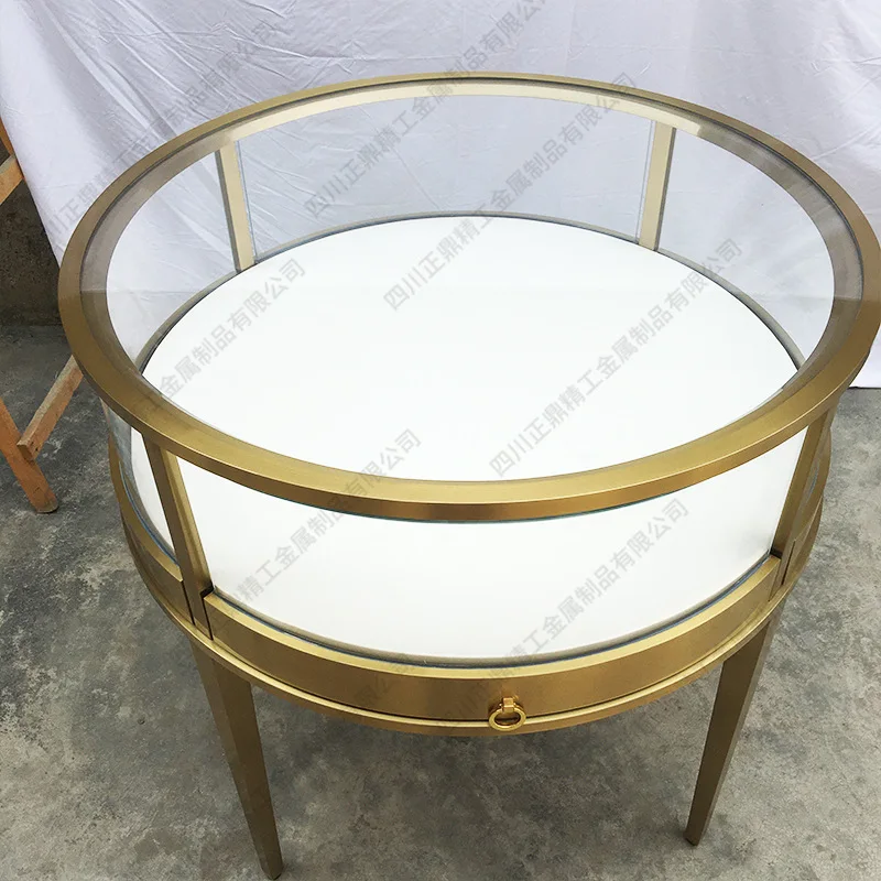Customized. High-End Golden, round Glass Showcase with Light Jade Watch Nakajima round Display Cabinet Showcase