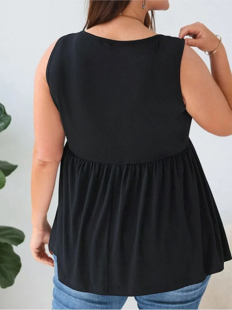 女性の夏の新ファッションプリーツ無地セクシーなノースリーブベストパッチワークカジュアル U ネックルーズトップ