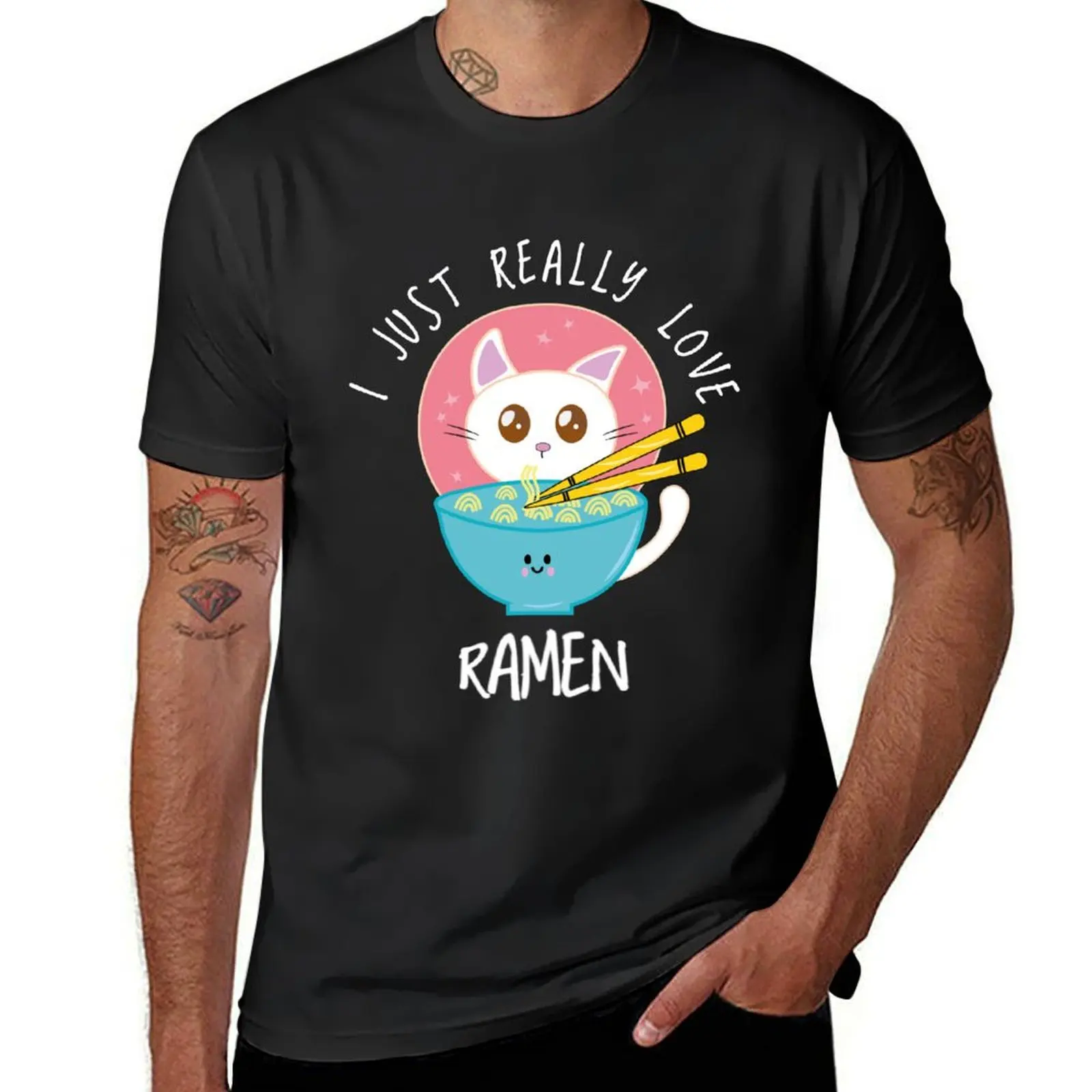 Camiseta de estética Kawaii para hombre I Just Really Love Ramen Cat, ropa kawaii, blacks