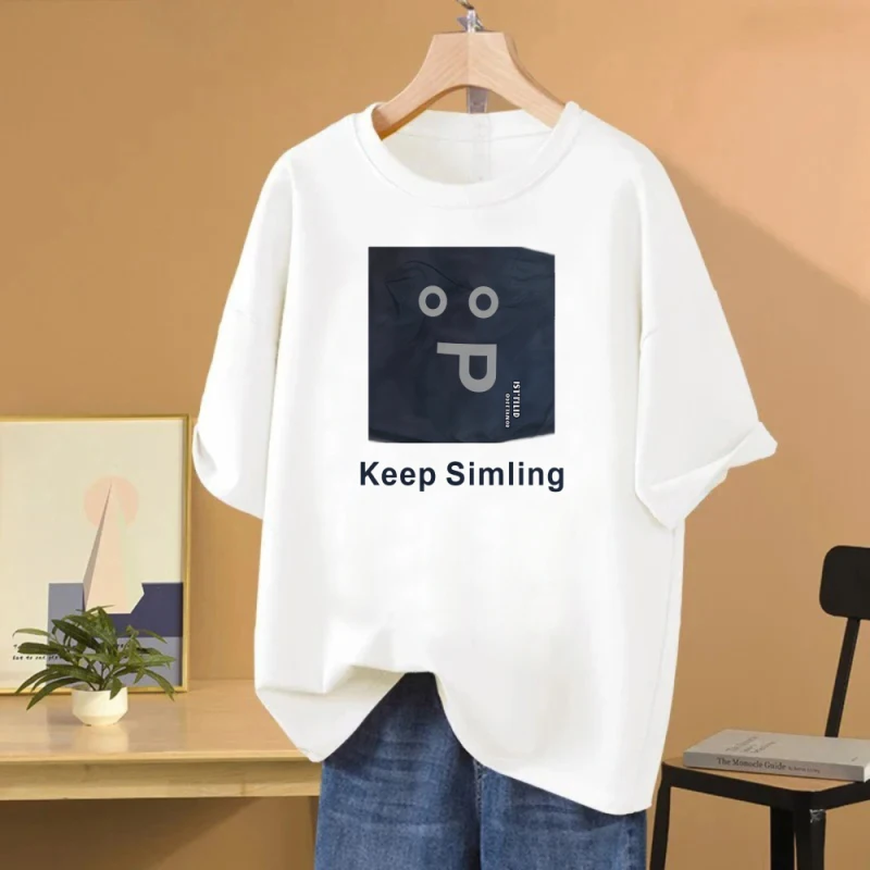 

Женская футболка Свободный хлопковый топ с короткими рукавами и серым улыбающимся лицом «Keep Simling» с принтом Подходит или весна и лето