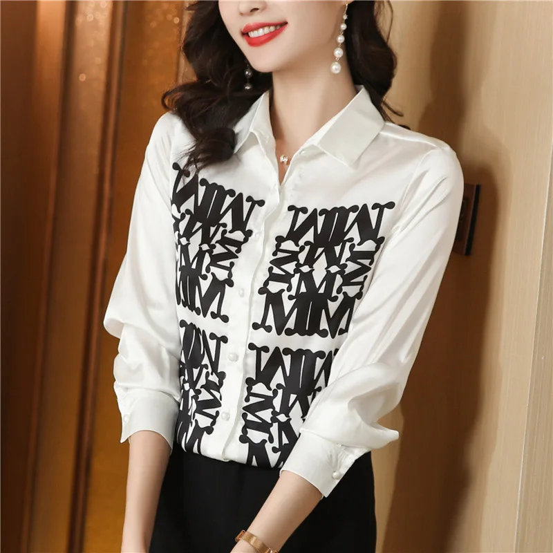 Women Chic Letter Printed Vintage Fashion Shirts Long Sleeve Loose Office Lady Temperament Commuting Blouse Spring All-match Top