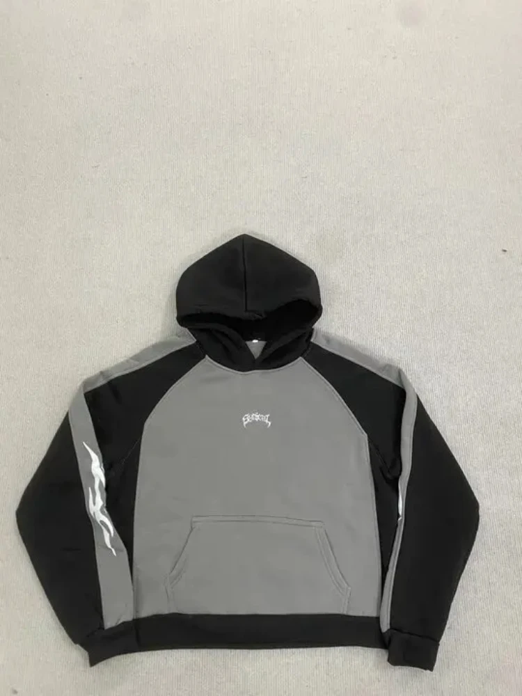 Retro Jacket Streetwear Trend Versatile Hoodie European And American Harajuku Printed Color Blocked Long Sleeved Pullover Hoodie