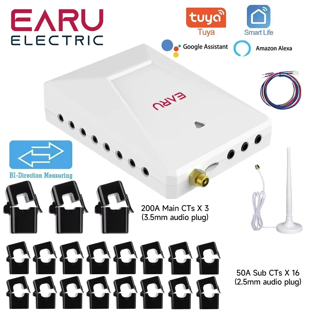 Tuya Smart WiFi Energy Meter 19 Channels Bi-Directional Power Energy kWh Meter Monitor AC90-480V 200A 300A with 19PCS CT Clamps