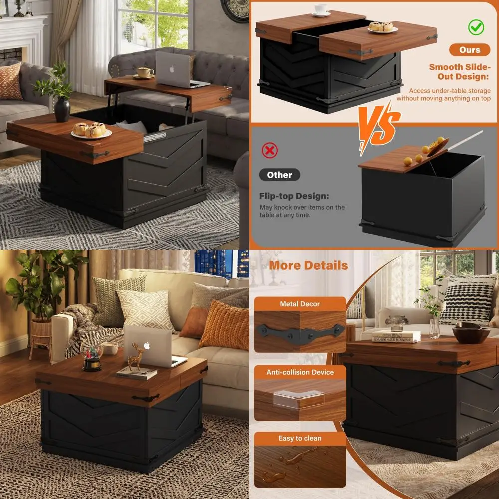 

31,5-дюймовый журнальный столик с подъемным верхом, выдвижной квадратной столешницей и большим скрытым органайзером для хранения, многофункциональный стиль фермерского дома