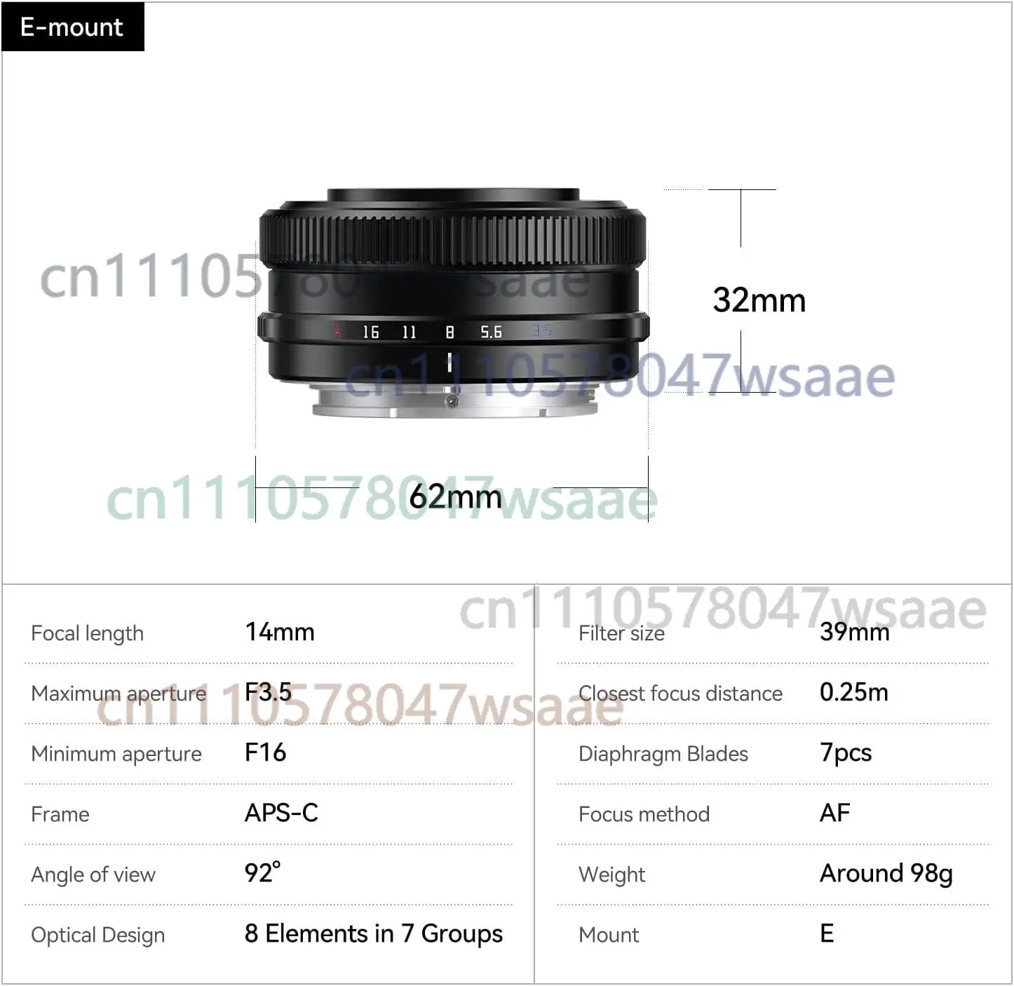 For TTArtisan AF 14mm F3.5 Auto Focus Wide Angle Prime Lens for Sony E-Mount Cameras