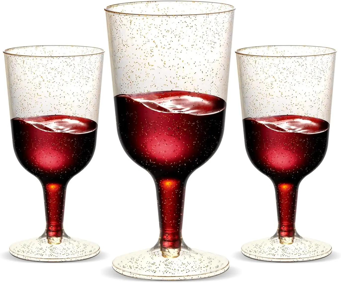 

25/50 Pack 6oz Plastic Wine Glasses–Disposable Gold Glitter Mini Stemware with Removable Base for Weddings, Parties, Champagne