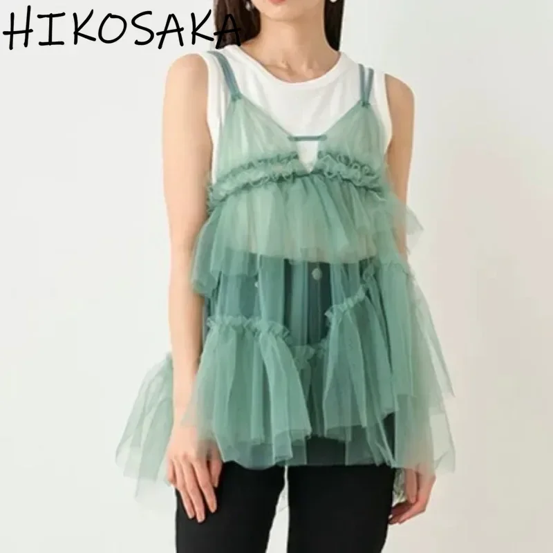 2024 New Japanese Fresh Sweet Top Two Piece Sets Fungus Pleated Gauze Camisole+ O-neck Sleeveless Knitwear Elegant Women Suit