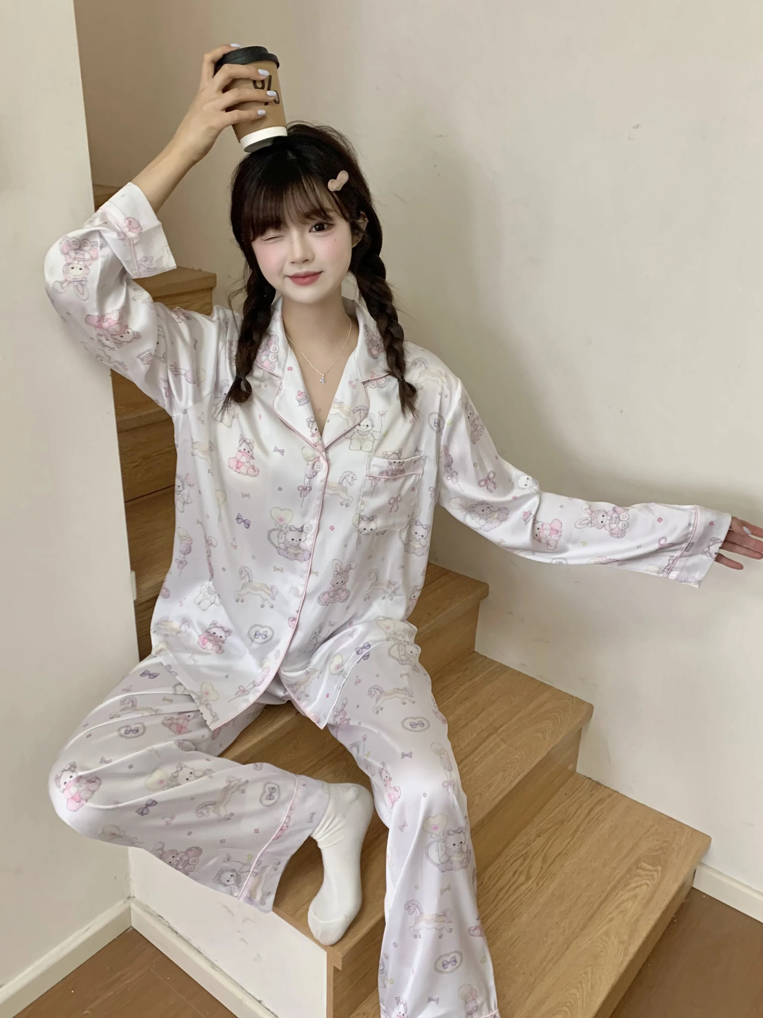 Sweetheart Girl Japanese Original Cute Cartoon Printed Ice Silk Pajamas 2025 Summer Cool Short-sleeved Loungewear Set