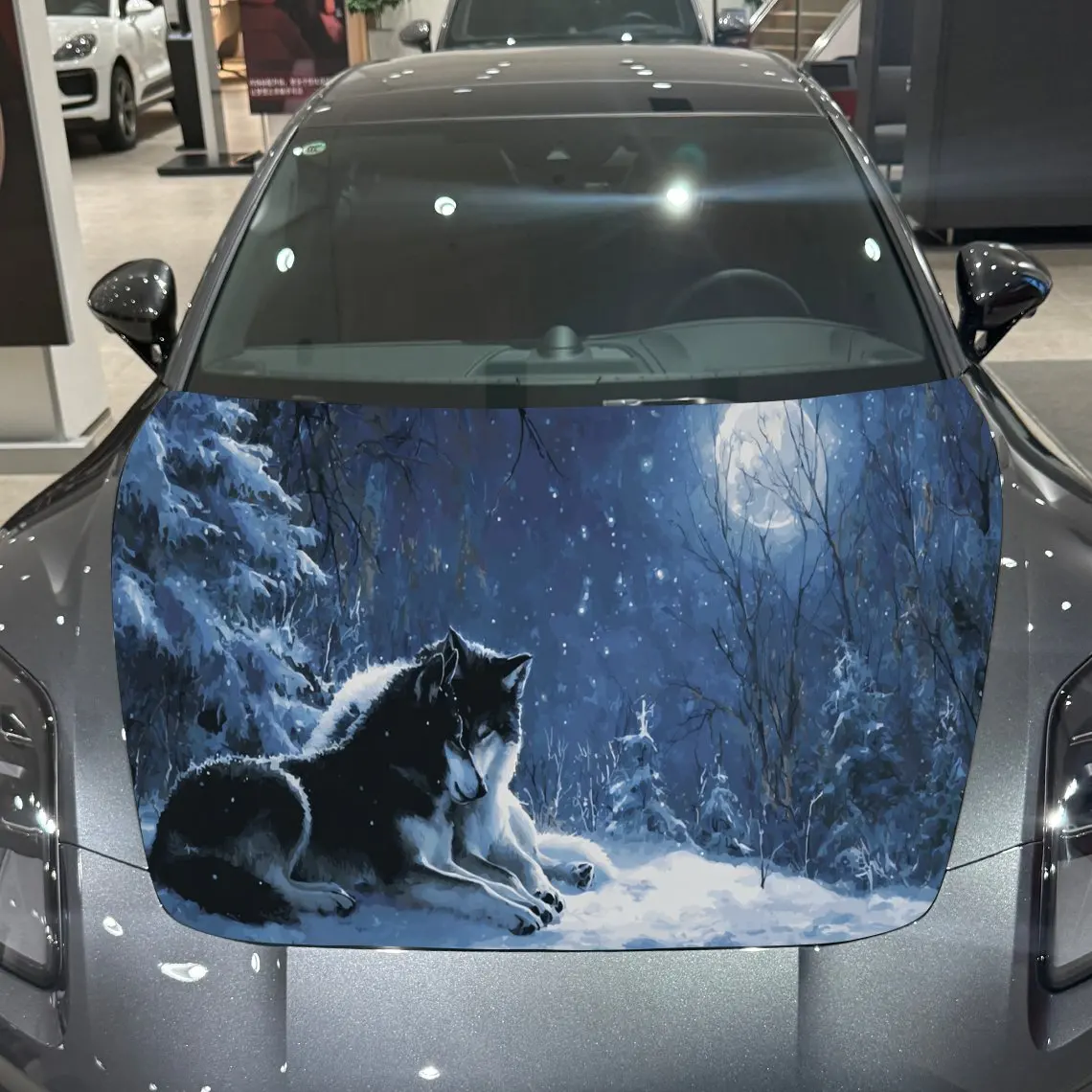 Snow Wolf Couple Mystic Exploration PVC Car Hood Wraps, Self-Adhesive Waterproof Car Bonnet Decal Sticker, Car Decoration Protec