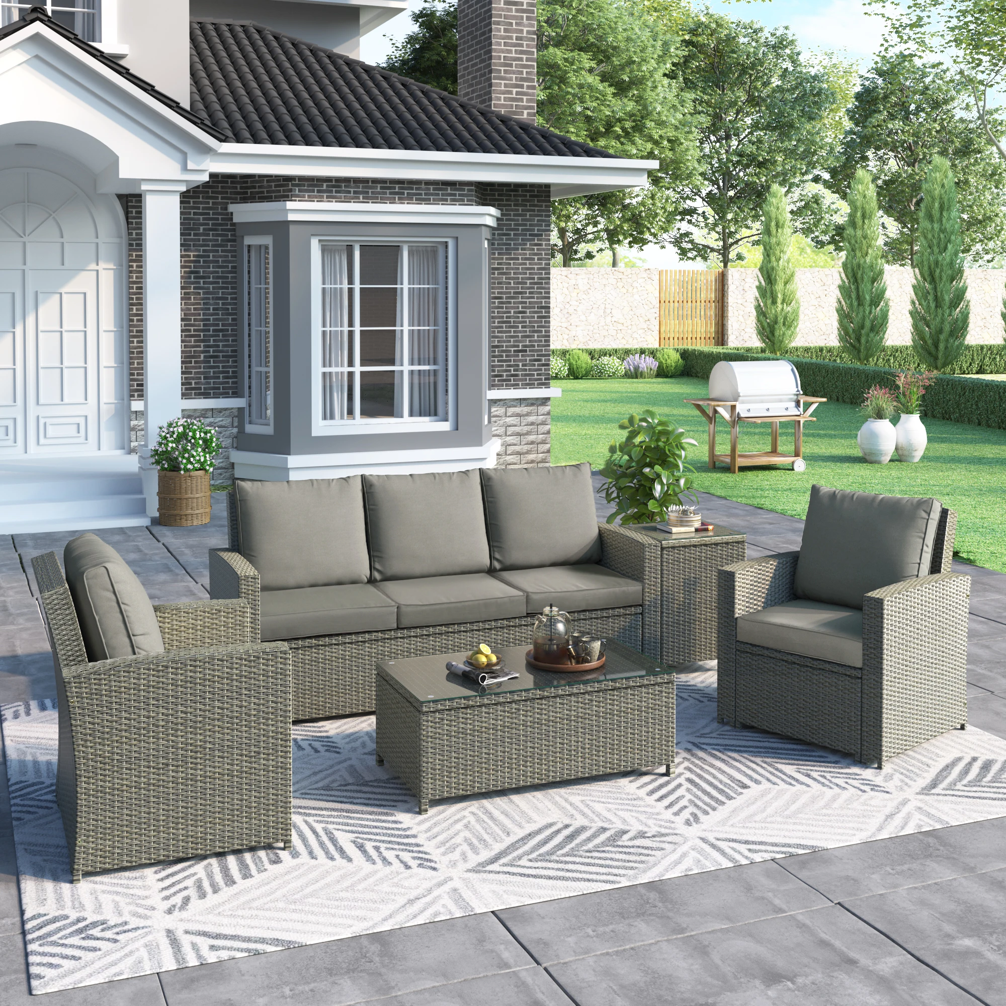 5 Piece Rattan Sectional Seating Group with Cushions and table, Patio Furniture Set, Outdoor Wicker Sectional