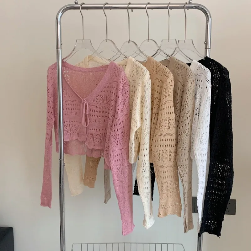

Summer Loose Fit Lace Up Knitted Hollow Women's Short Cardigan Coats Fashion Korean Version New Solid Color Casual Cover Tops