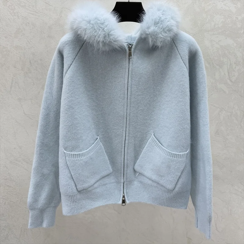 

High quality Fur collar patchwork wool women's hooded cardigan sweater for autumn and winter, a luxurious warm coat 25120687