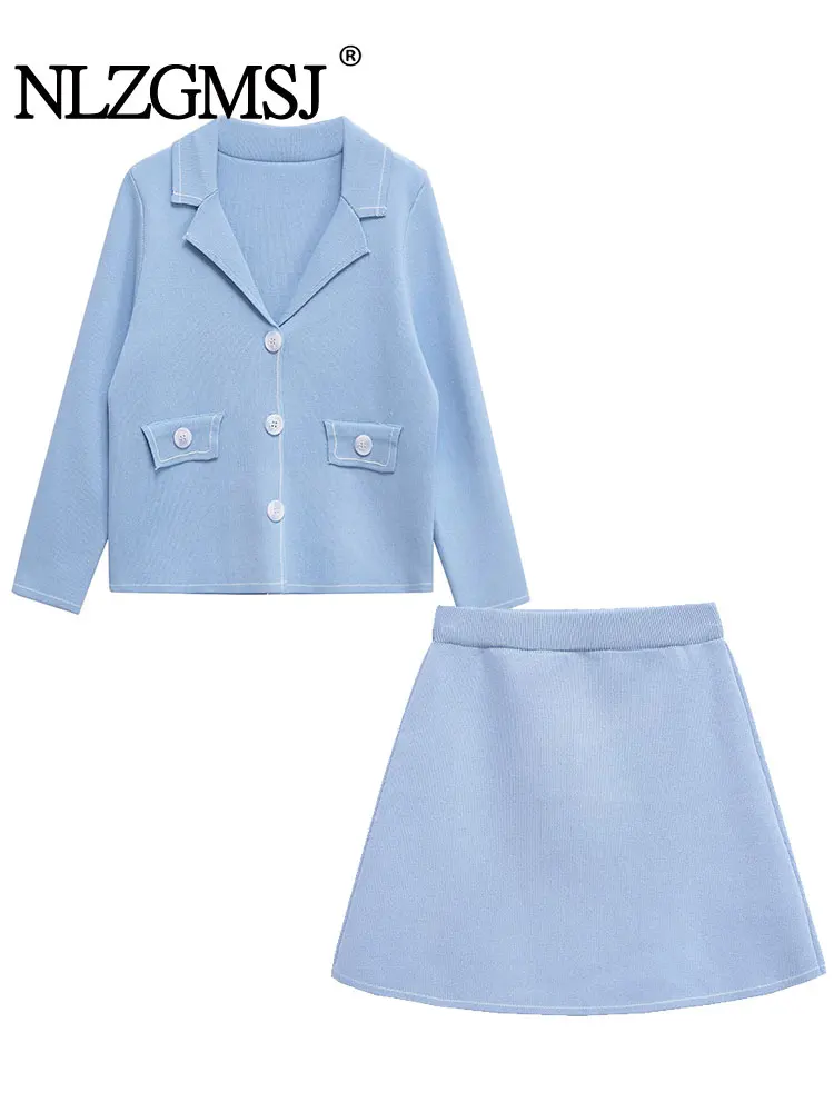 

2025 повседневный шикарный женский синий однотонный костюм с v-образным вырезом, прямые топы с длинными рукавами, мини-тонкая юбка, новые модные комплекты