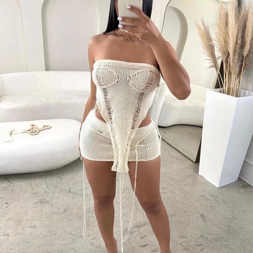 Women's Sleeveless Hollow Out Knit Two Piece Set Dress Solid Color Crop Top Matching Sets Sexy Womens Outfit Female Clothing