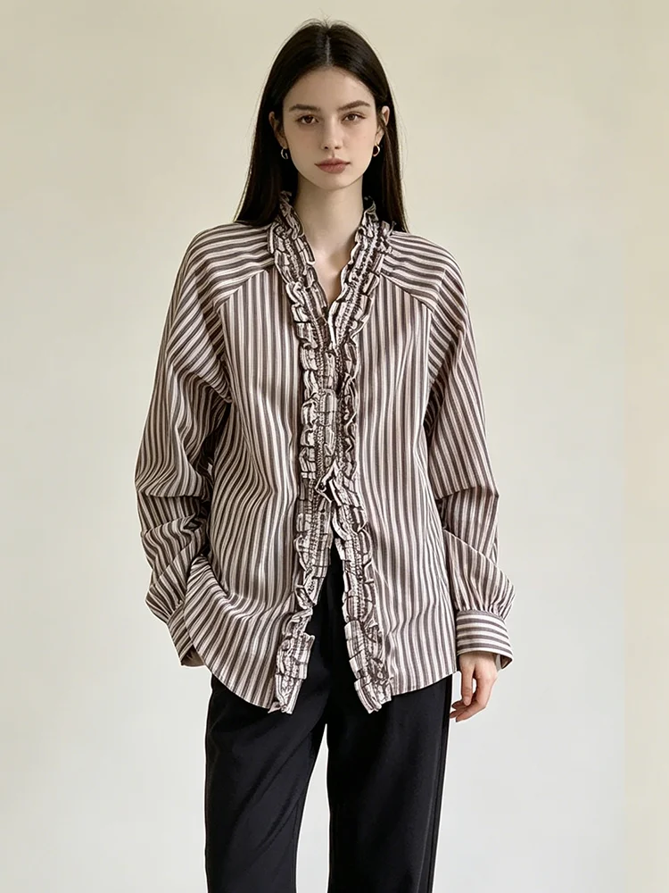

Nova Women Vintage Striped Ruffle Blouse Long Sleeve V Neck Oversized Button Down Shirt Casual Elegant Top