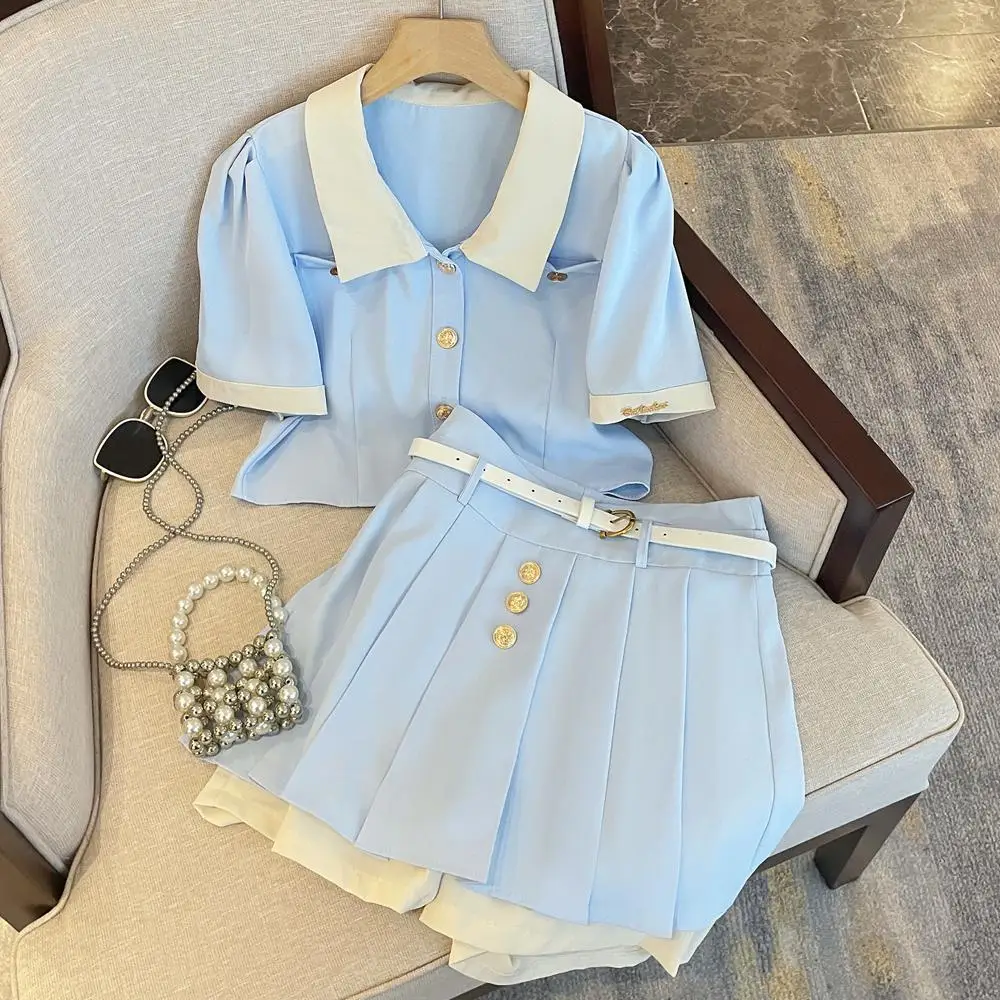 2023 New Women\'s Fashion blue Suit Split Shirt and Shorts skirt Summer Casual Ladies Office Workt Two-piece Suit Set clothing