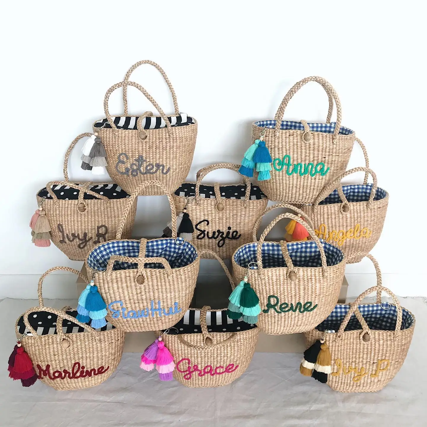 custom letter Bohemia Vintage Summer Women Hand-Woven Rattan Straw Purse Beach Wicker bag