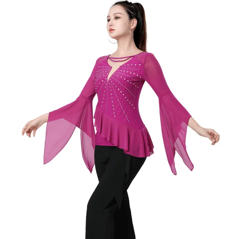 Gitba's new diamond studded V-neck trumpet sleeve dance top square dance Latin dance three step performance costume