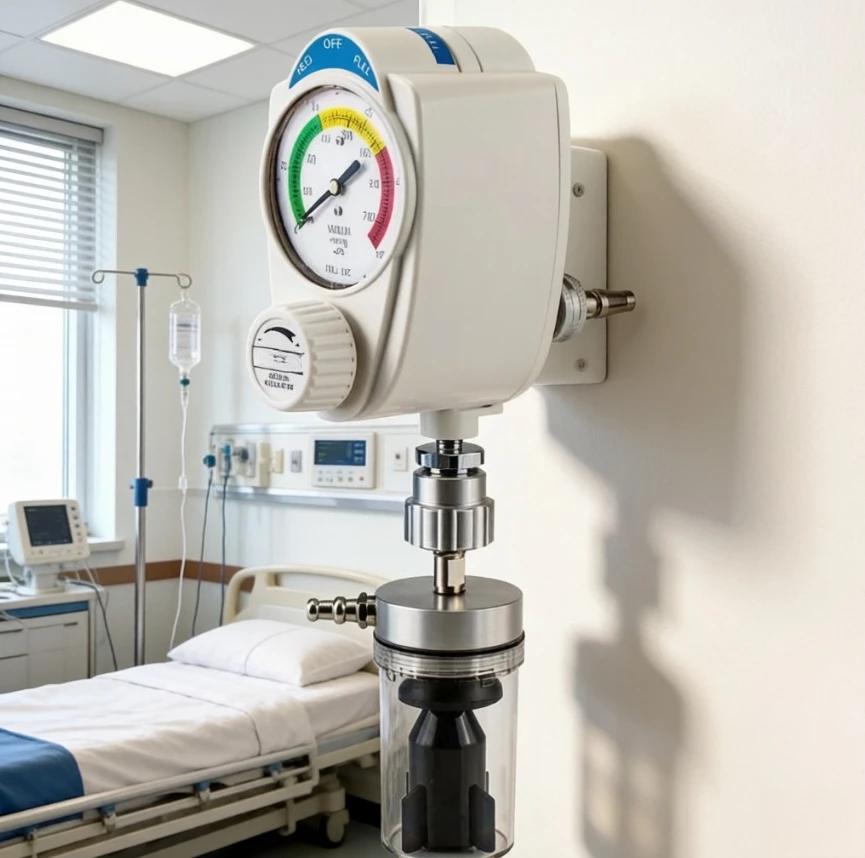 Wall Mounted Vacuum Suction Unit with Multi-Standard Flowmeter & Humidifier Bottle, Medical Gas Outlet , Durable Brass/Aluminum