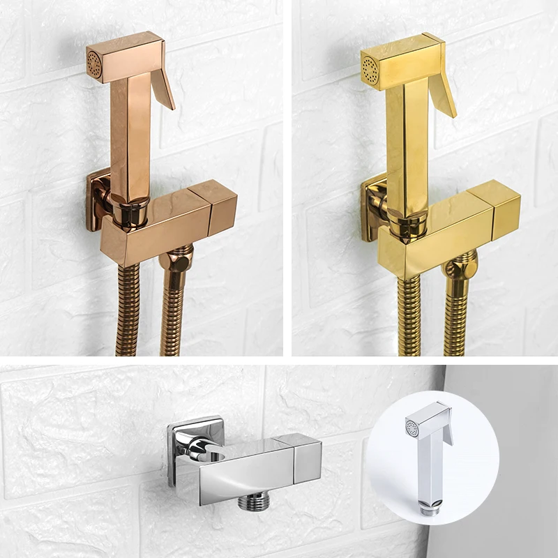 Shower Set Douche Toilet Bidet Sprayer Kit Rose Gold Brass Bathroom Wall Mount Shattaf Shiny Gold Chrome Single Hole Cold Water