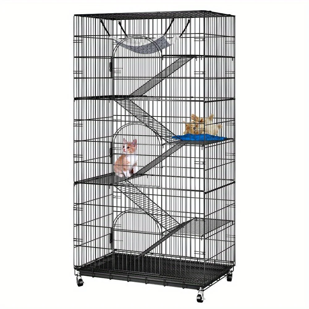 

72-Inch Collapsible for cat Enclosure Featuring a 6-Tier Metal Design for Pets, Including a Kitten Habitat with 4 Wheels, 3 Access Doors, 5 Ladders, 1 Hammock, 1 Pumpkin-Shaped Nest, And 1 Tray for Cats And Other Animals