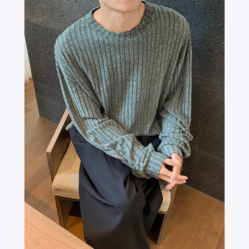 

Autumn Long Sleeved T-shirt Men Fashion Casual Striped T Shirt Men Oversize Streetwear Korean Loose Round Neck T Shirt Mens Top