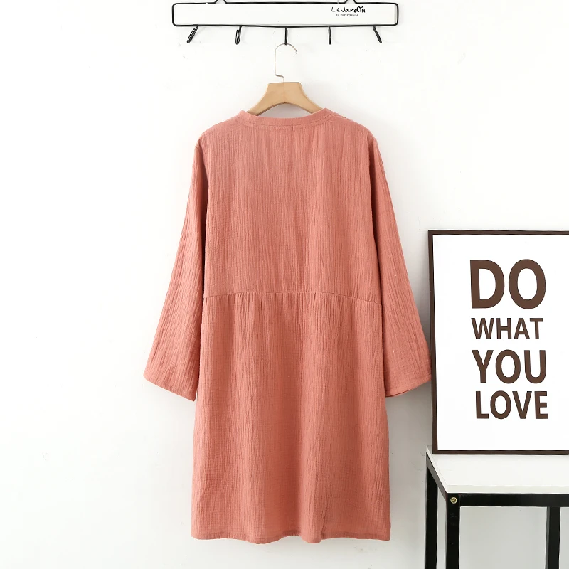 Spring and Autumn Women\'s Long Sleeve Nightdress 100%Cotton Crepe Round Neck Button Solid Color Dress Home Dress Nightgown Dress