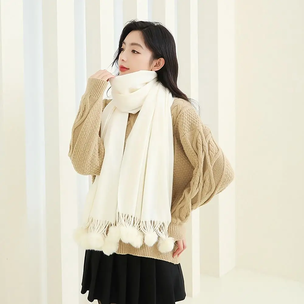 200x70cm Knitted Scarf Plush Tassel Ball All-match Thermal Neck Warmer Solid Color Wool Long Scarves for Women Girls Maiden