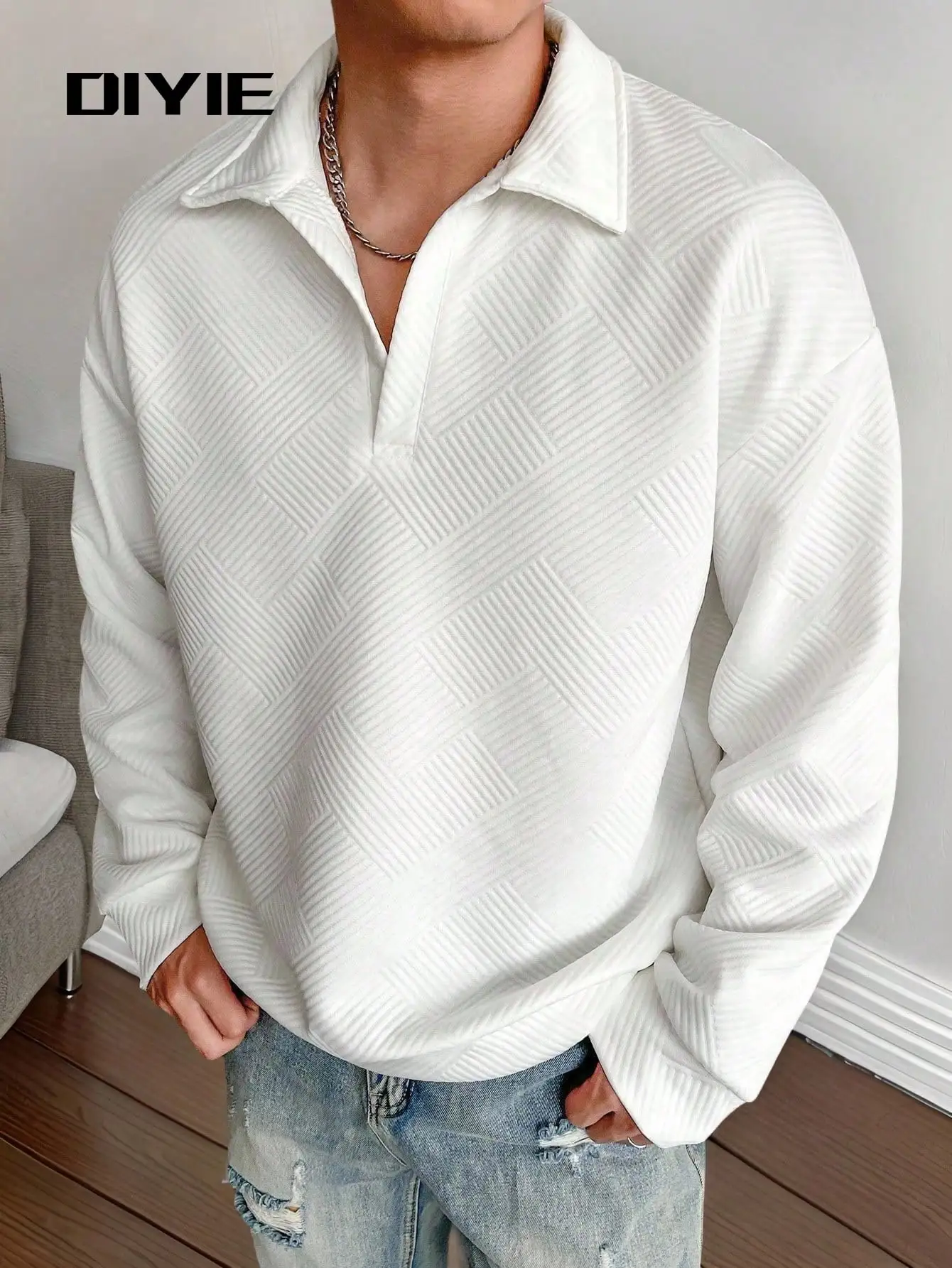 DIYIE Men's Casual Polo-Neck Solid-Color Textured Sweatshirt Men's New Fall Collection Minimalist Solid White Sweatshirt Men's A