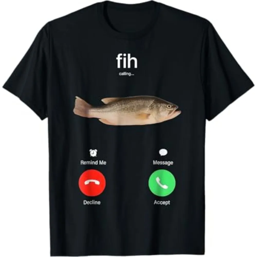 

2026 Fih Calling Remind Me Message Decline Accept Phone Call Fish Short Sleeved Round Neck Y2k New in Top & Tees Mens T-Shirt