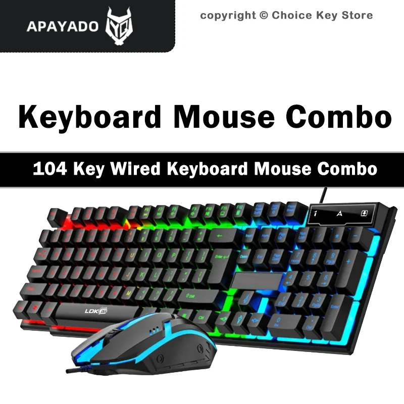 Wired Keyboard and Mouse Combo 104 Key Full Size Gaming Keyboard USB Colorful LED Backlight Suspension Keycaps LDK823
