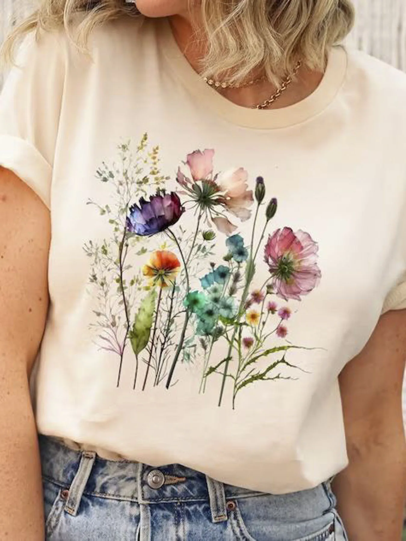 

Women's Bohemian Cottage Floral Print T-Shirt - Breathable Relaxed Fit Round Neck Short Sleeve Casual Top for Spring Summer