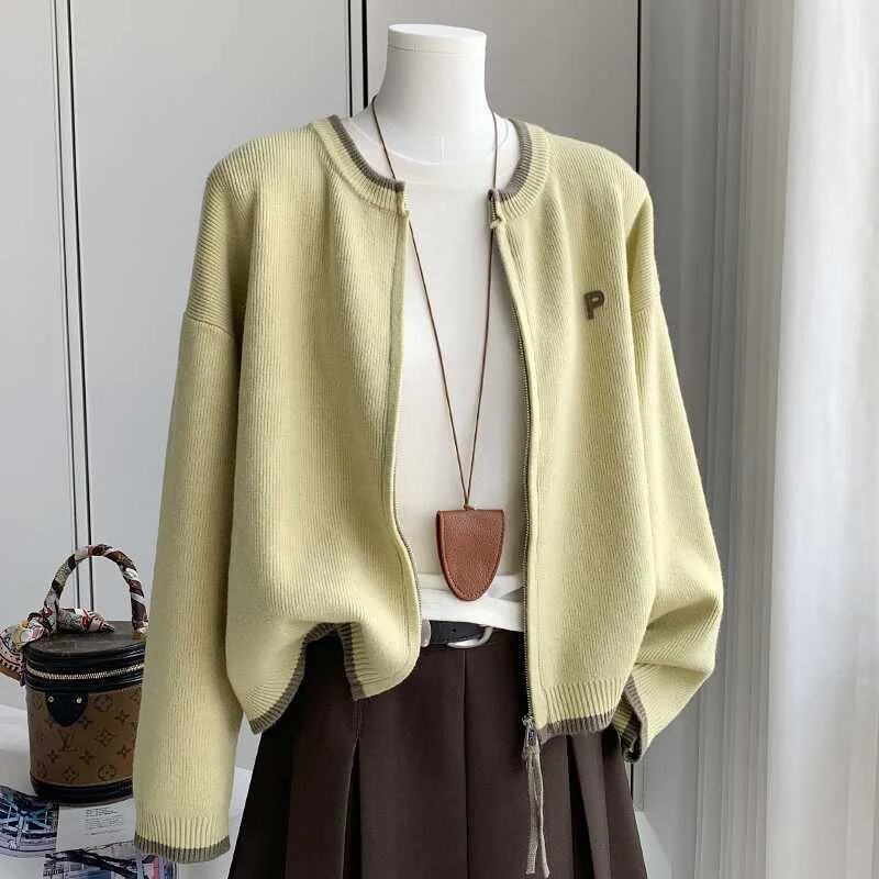 

Верхний свитер с двойной молнией, кардиган для женской одежды, осенне-зимний однотонный свитер с вышивкой букв, куртка