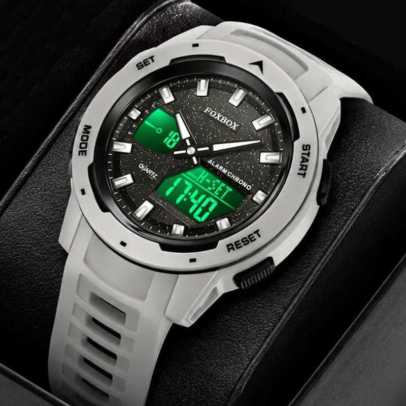 FOXBOX Men's Sports Watch Casual Military Analog Digital Dual Display Watch Men Outdoor Waterproof LED Chronograph Reloj Hombre