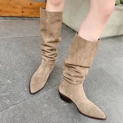 NEW Autumn Women Boots Cow Suede Leather Shoes for Women Pointed Toe Chunky Heel Shoes Slip-On Pleated Boots Knee-high Boots